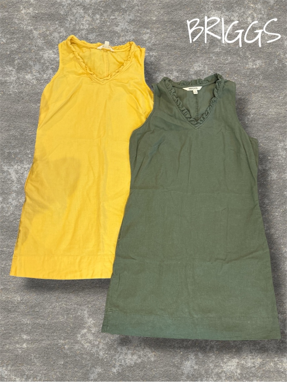 Briggs Yellow & Olive Green Linen Blend Ruffle V-Neck Mini Dress Lot Size S⁠